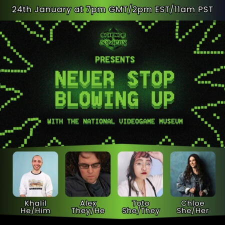 Promo graphic for ttrpg game "Never Stop blowing Up" with photos of each player