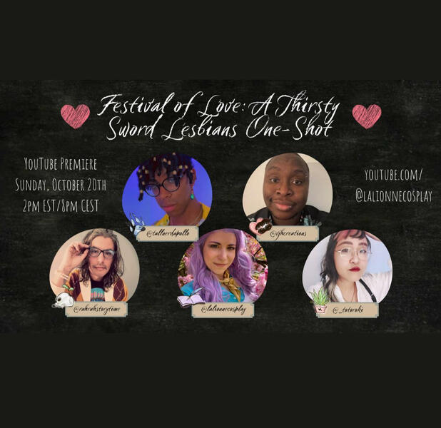 Promo graphic for ttrpg game "Festival of Love" with photos of each player