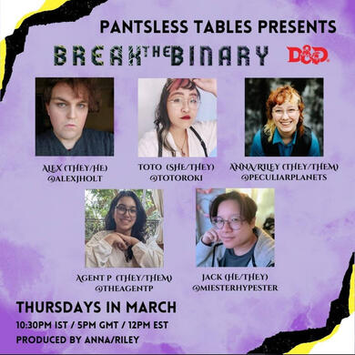 Promo graphic for ttrpg game "Break the Binary" with photos of each player