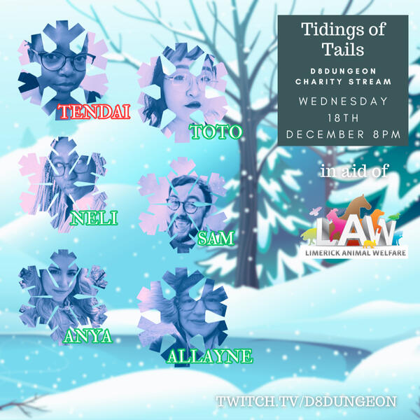 Promo graphic for ttrpg game "Tiding of Tails" with photos of each player on a snowy background